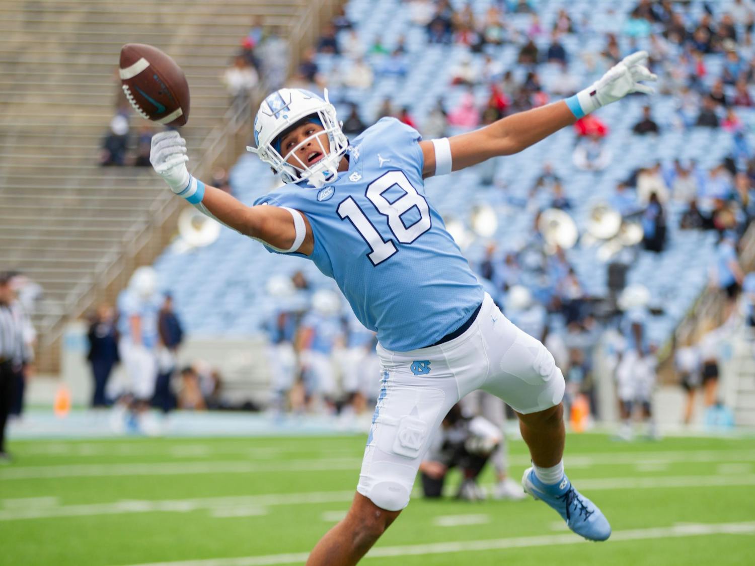 Sophomore tight end Bryson Nesbit (18) goes for a catch on April 9, 2022, in Chapel Hill, NC, when UNC football held their spring scrimmage.