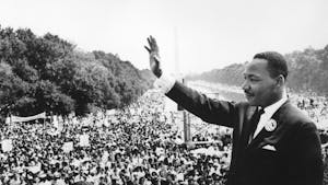 Black American civil rights leader Martin Luther King (1929 - 1968) addresses crowds during the March On Washington at the Lincoln Memorial, Washington DC, where he gave his 'I Have A Dream' speech. Photo courtesy of TNS.