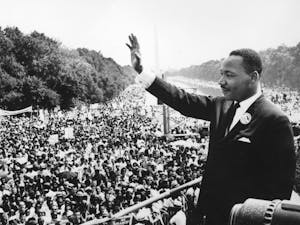 Black American civil rights leader Martin Luther King (1929 - 1968) addresses crowds during the March On Washington at the Lincoln Memorial, Washington DC, where he gave his 'I Have A Dream' speech. Photo courtesy of TNS.
