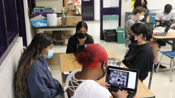 The Ida B. Wells Society's yearlong project with Riverside's journalism program kicks off at Riverside High School in Durham. Photo courtesy of Benjamin Meglin.