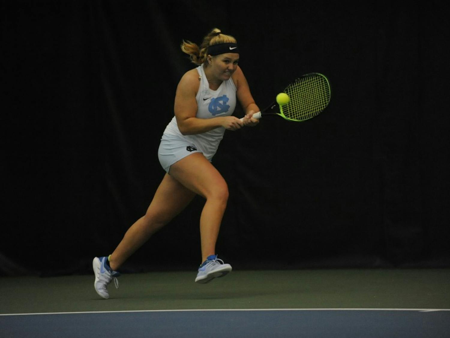 UNC women's tennis sophomore Alele Sanford prepares to return a ball during a singles match against Louisville on Sunday, March 3, 2019. UNC won the match against the Cardinals.&nbsp;