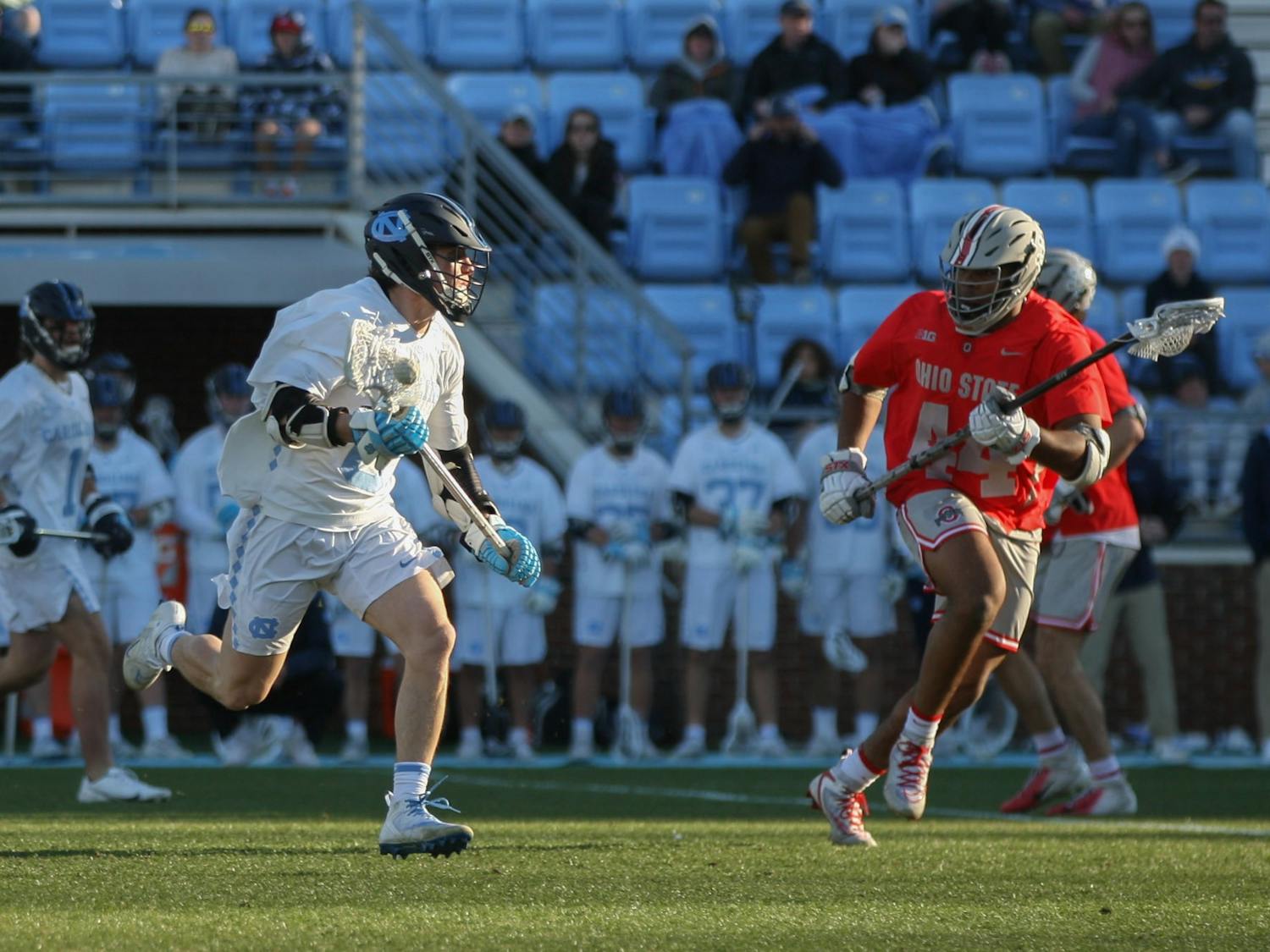 UNC junior attackman Lance Tillman (0) looks for an open run during a home men's lacrosse game against Ohio State on Saturday, Feb. 19, 2022. UNC lost 20-8.