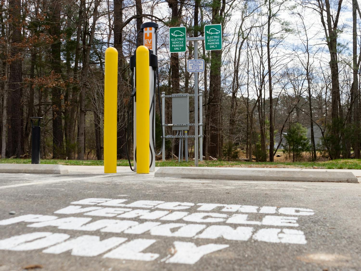 An EV charging station in the parking lot of Martin Luther King Jr. Park in Carrboro, as pictured on Thursday, Mar. 3, 2022. This is one of two EV charging stations recently added in Carrboro.