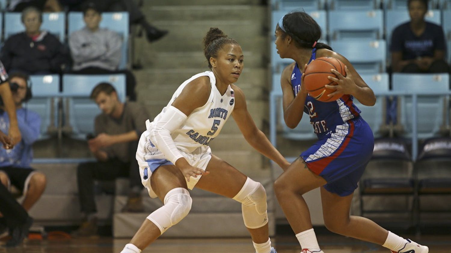 Sophomore guard Stephanie Watts (5) defends during the game against Elizabeth City State at Carmichael Arena on Monday. 
