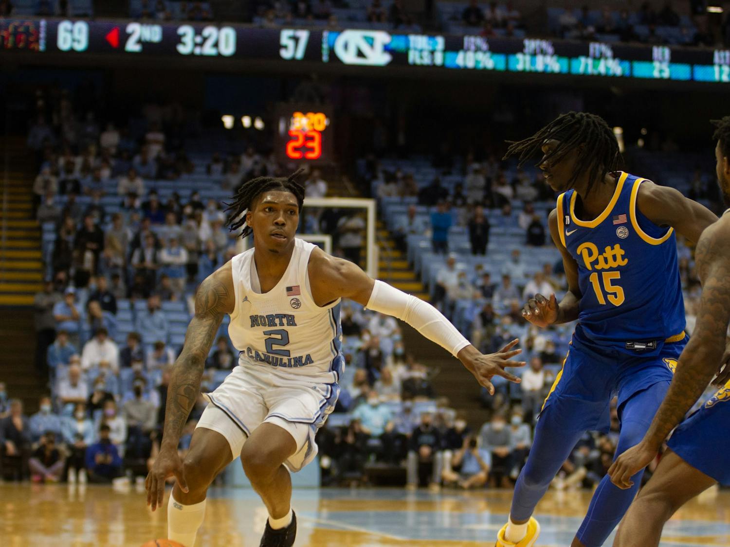 UNC sophomore guard Caleb Love (2) dribbles the ball down court at a UNC men's basketball game against Pittsburgh in the Dean Smith Center on Wednesday, Feb. 16, 2022. Pittsburgh won 76-67.