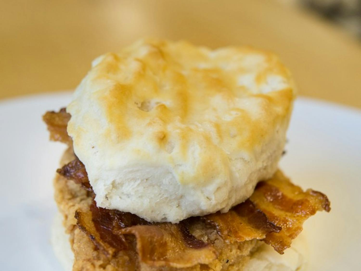Fried chicken and bacon biscuit from Chase Dining Hall, one of two dining halls on campus. Photo taken on April 18, 2019.
