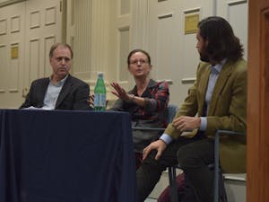 (From left to right) Wayne Lee, professor of History; Hilary Lithgow, professor of English; and Albie Nasland, from the Travis Manion Foundation, participate in the panel on Moral Obligations to Returning Veterans on Thursday, Nov. 15, 2018 in Graham Memorial Hall. This event was hosted by the Carolina Forum for Ethics. 