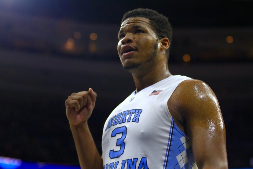 Kennedy Meeks (3) celebrates a call made in UNC's favor during the second half.