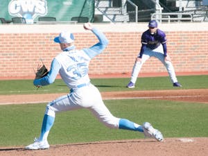 UNC first-year pitcher Max Carlson (35) delivers a pitch during UNC's 7-4 win over James Madison at Boshamer Stadium, Feb. 20, 2021.