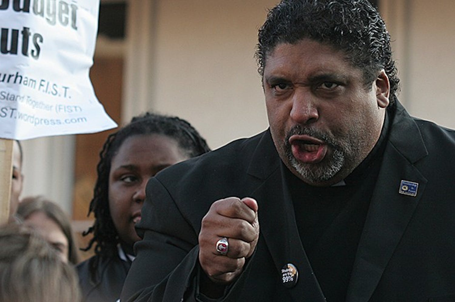 Rev. Dr. William J. Barber II, president of the North Carolina chapter of the NAACP, speaks to students of the BOG protest Friday morning.

"You are the student movement of this generation."

"Forward together, not one step back!"

"We will not be divided, nor defeated.  We are the generation that refuses to go backwards."
