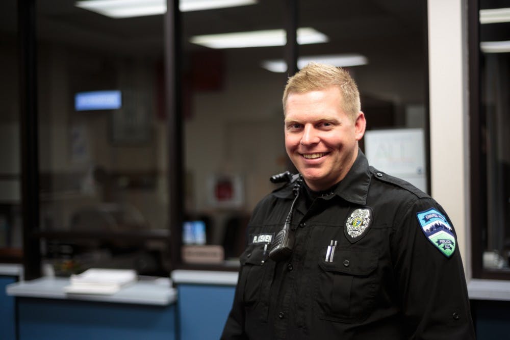 <p>Officer Pete McEwen works night shifts at the Chapel Hill Police Department.&nbsp;</p>