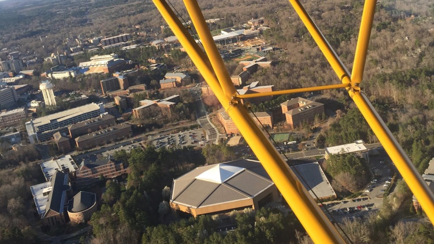A view of the Dean Dome and South Campus is seen from the Piper Cub.