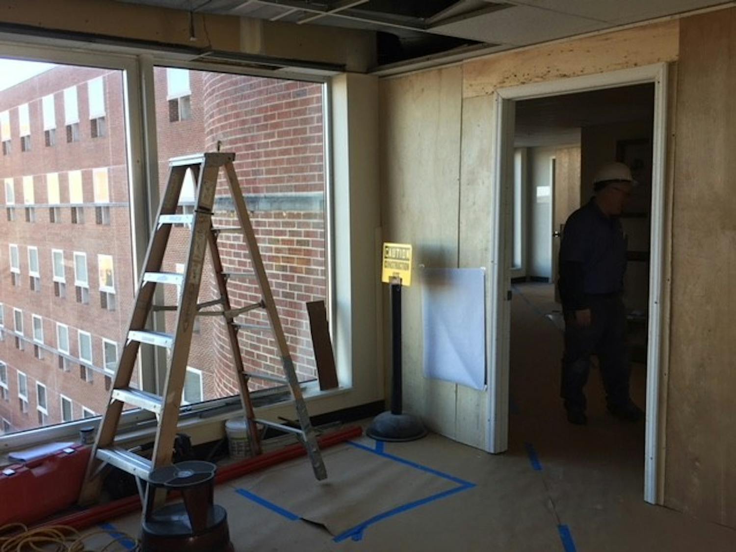 Floors 7 and 8 in Davis Library are under construction. 
