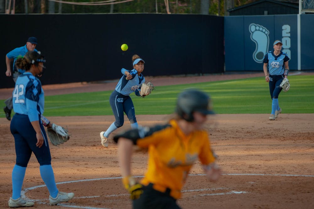 <p>Junior, Destiny Middlton, (47) fields the ball at third base during the Tar Heels 8-4 victory at Anderson Softball Stadium on Mar. 20, 2022.</p>