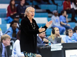 Coach Sylvia Hatchell shouts instructions to the UNC women's basketbal team during their home game vs. UNCG in Carmichael Arena on Friday, Dec. 14 2018.