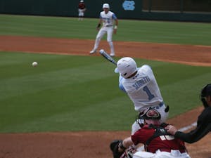 First-year (1) Danny Serretti swings at bat during the Tar Heels' third baseball game against Boston College on Easter weekend, 2019.