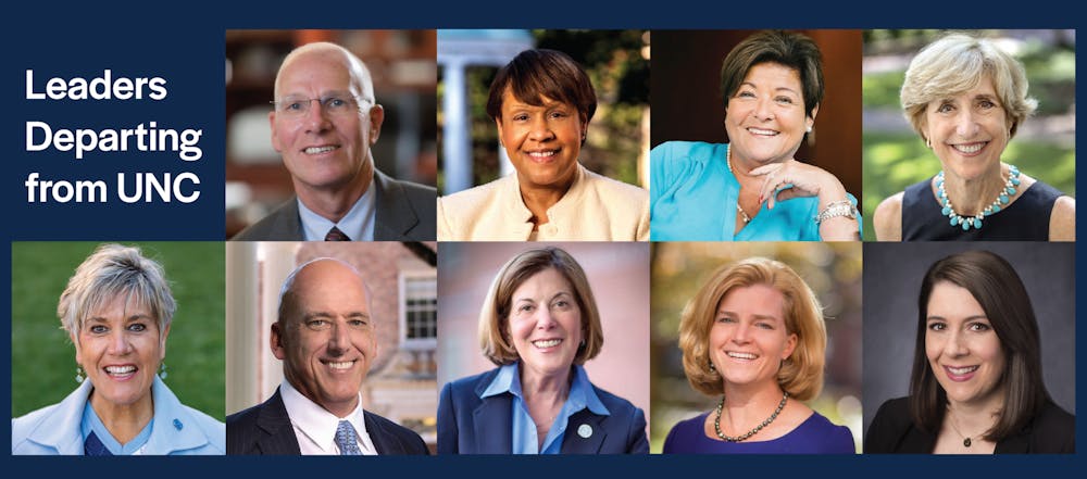 <p>Since summer 2021, UNC has seen many prominent leaders decide to retire, step down or take opportunities at other universities. They include fives deans and two prominent communications leaders at the University. Graphic by Kendal Orrantia/UNC Media Hub.</p>