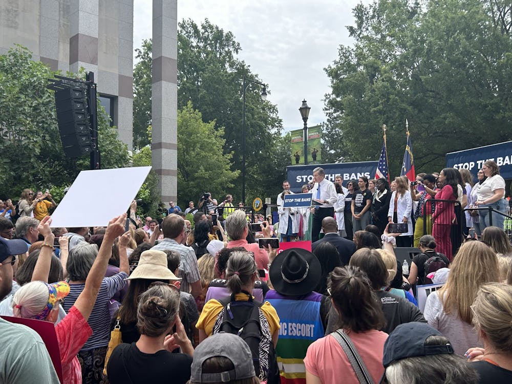 <p>Gov. Roy Cooper gives a speech in front of a crowd during a protest event at Bicentennial Plaza in Raleigh, N.C., on Saturday, May 13, 2023. At the event, Cooper vetoed S.B. 20, a bill that would ban abortion at 12 weeks, with some exceptions.</p>
