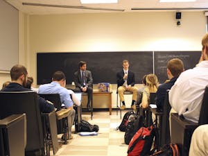Wilson Sink (left) and John Taylor participate in the Student Body President debate hosted by Student Congress Tuesday evening. Bradley Opere was present, however could not participate. 