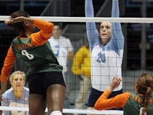 UNC middle hitter Ingrid Hanson-Tuntland recorded seven first-set kills en route to 15 in the match" which kept the Tar Heels on top of the ACC.
