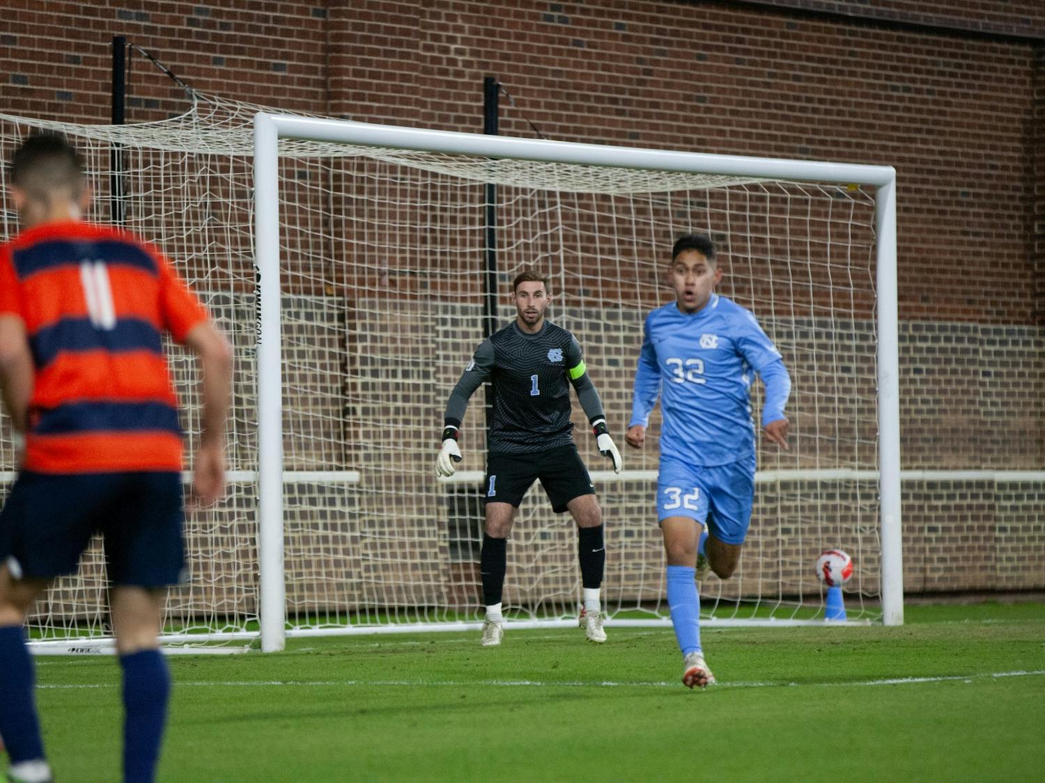 UNC graduate goal keeper Alec Smir (1) prepares to catch the ball at the first round of the ACC men's soccer tournament against Syracuse on Nov. 3 at Dorrance field. UNC won 1-0 in the second overtime.