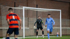 UNC graduate goal keeper Alec Smir (1) prepares to catch the ball at the first round of the ACC men's soccer tournament against Syracuse on Nov. 3 at Dorrance field. UNC won 1-0 in the second overtime.