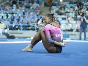 The North Carolina gymnastics team (4-1, 1-0 EAGL) placed second with a score of 195.150 against No. 1 Oklahoma (197.000) and Ball State (193.600) in the home opener in Carmichael Arena on Saturday, Jan. 19, 2019.&nbsp;