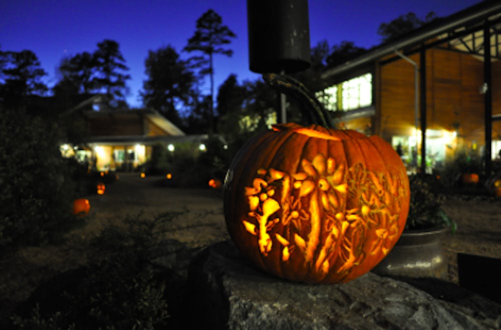 <p>One of the many pumpkins placed along the paths in during the BOOtanical in 2017. Photo courtesy of North Carolina Botanical Garden.</p>