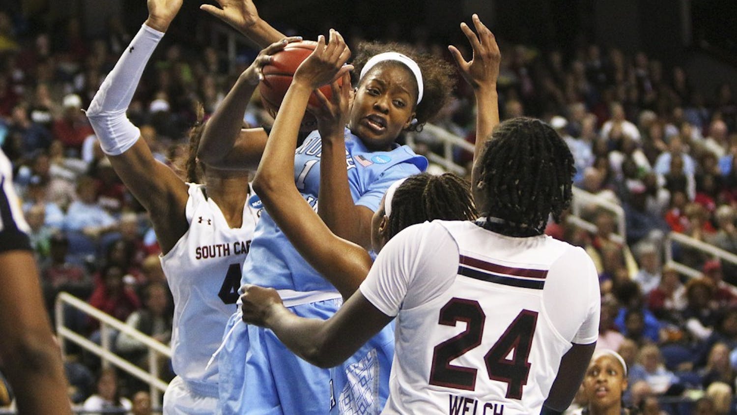 The UNC women’s basketball team lost 67-65 to South Carolina in the Sweet 16 in Greensboro Friday. Stephanie Mavunga (1) led the Tar Heels with 13 rebounds.
