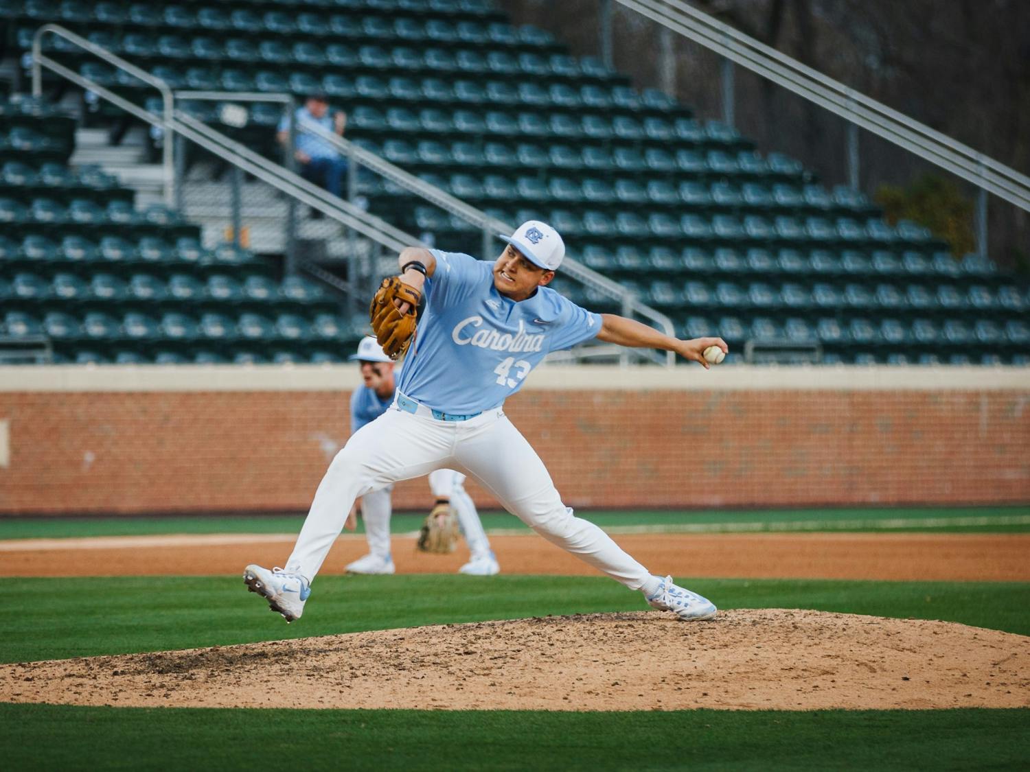 UNC junior pitcher Nelson Berkwich (43) throws a pitch during the baseball game against Radford on Tuesday, Feb. 21, 2023, at Bryson Field. UNC beat Radford 14-2.