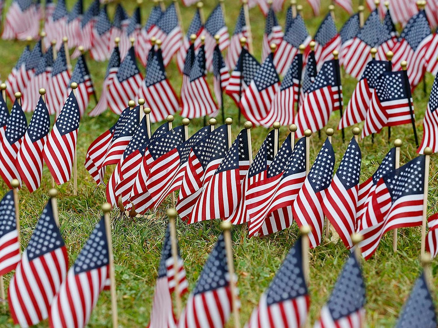 Flags placed on the Braintree Town Common in honor of those killed on 9/11. Of the nearly 3,000 flags, 2,574 American flags represent the civilians and military personnel who died in the attacks on the World Trade Center, the Pentagon and Shanksville, Pennsylvania. Photo Courtesy of Tribune News Service.
