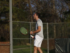UNC men's tennis junior William Blumberg celebrates after winning a match during a singles set against NC State on Wednesday April 3, 2019. UNC beat NC State 4-0.&nbsp;