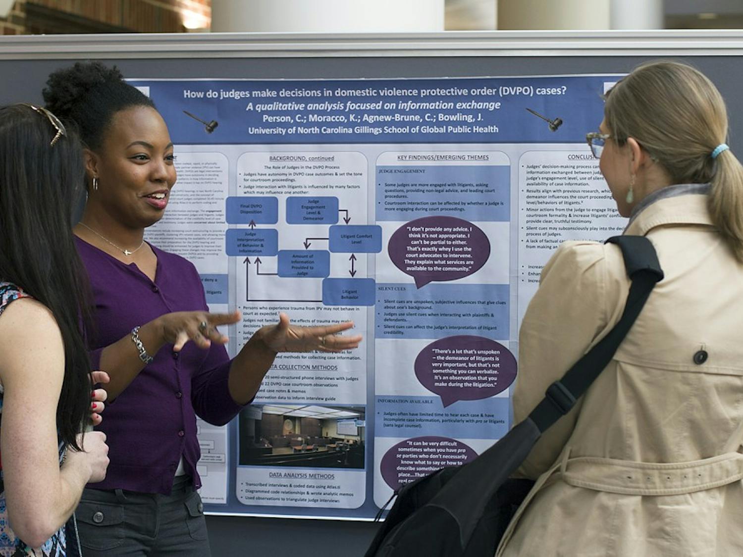 Cara J. Person, a doctoral student in the Gillings School of Public Health, explains her research on judge assistance in domestic violence cases during the Gender Violence Conference in Rosenau Hall Wednesday afternoon.
