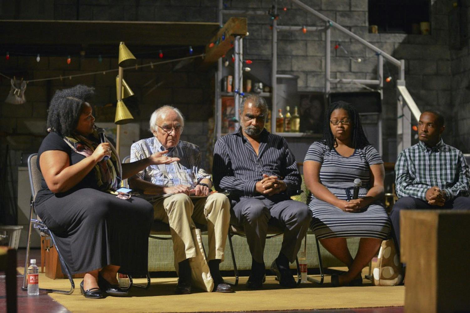 Jacqueline E. Lawton,  Philip Meyer, Perry A. Hall, Ariana Rivens and Brandon Yelverton participate in a group discussion about race relations in America. The discussion took place immediately following a showing of "Detroit '67" in The Center for Dramatic Art on Saturday, October 1st.