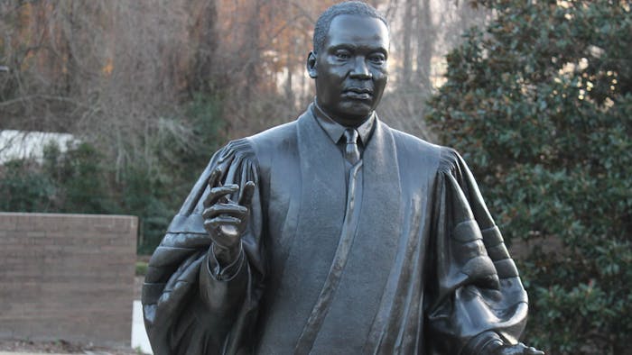 The Dr. Marin Luther King Jr. memorial statue stands at the Dr. Martin Luther King Jr. Memorial Gardens in Raleigh, NC on Feb 6, 2022.