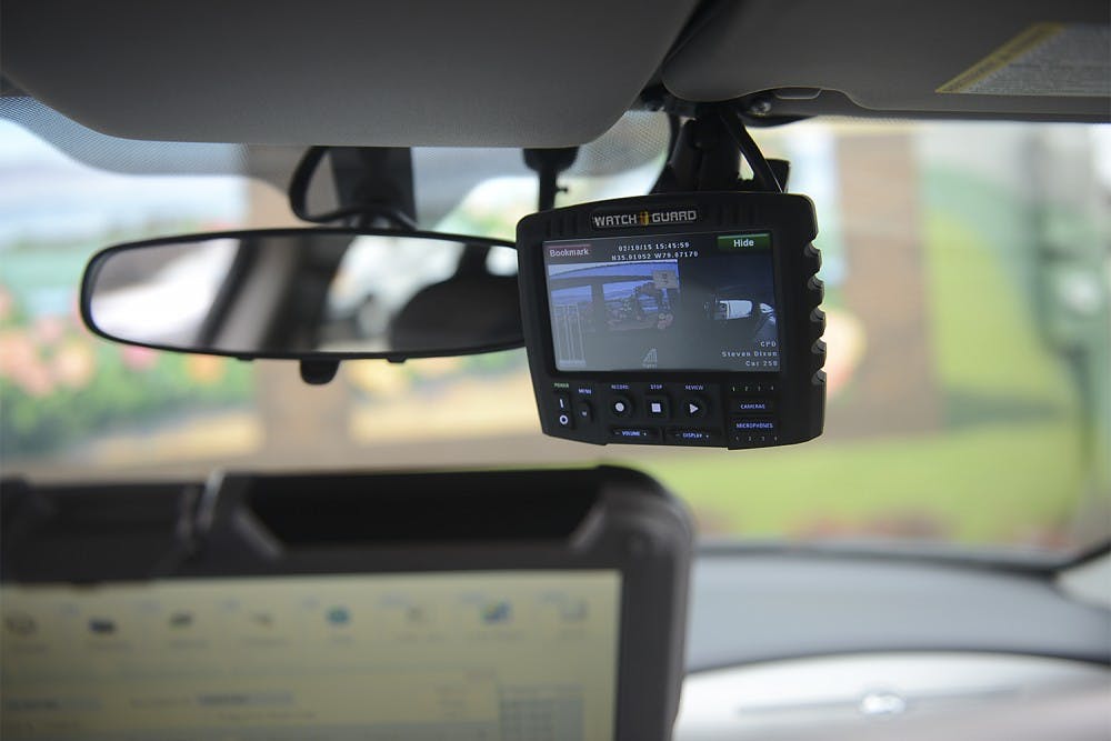 A dash camera inside Officer Steve Dixon's police car. The Carrboro Police Department recently drafted a new policy requiring all officers to wear body cameras.