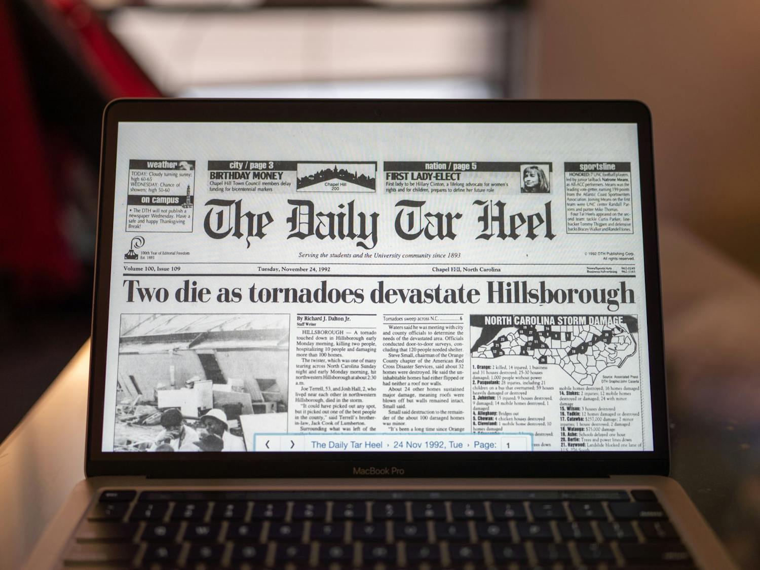 DTH Photo Illustration. The Daily Tar Heel newspaper covering the Hillsborough tornadoe 30 years ago, captured on Tuesday, Nov. 22, 2022.