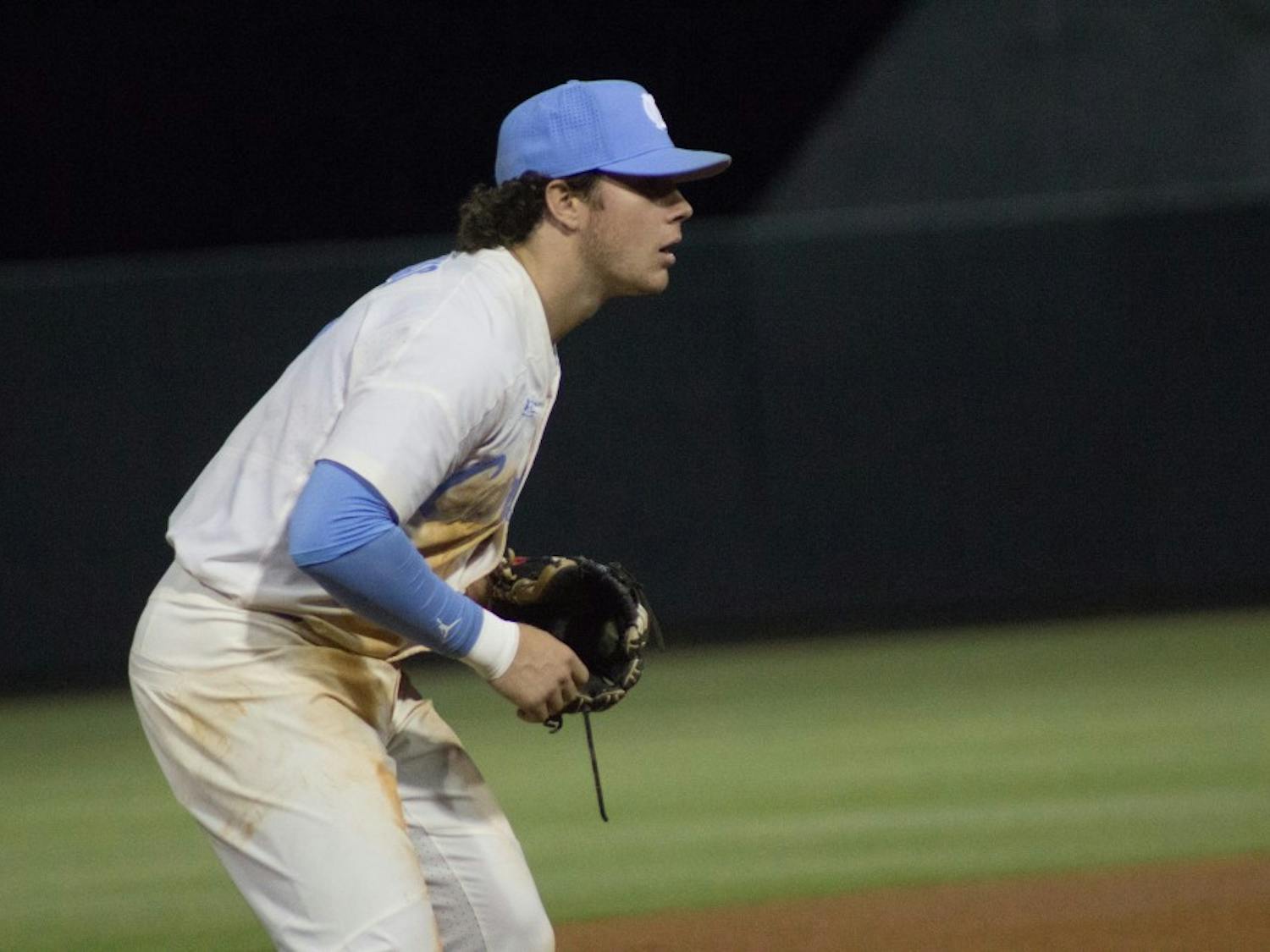 Junior Kyle Datres (3) stands at third base against Appalachian State on April 10 at Boshamer Stadium.