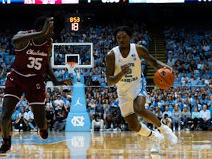 UNC junior guard Caleb Love (2) drives toward the basket during the game against College of Charleston on Friday, Nov. 11, 2022, at the Dean Smith Center. UNC beat College of Charleston 102-86.