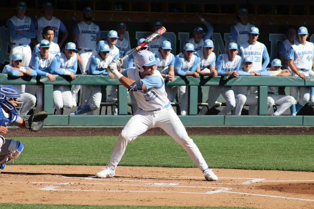 <p>Sophomore catcher Thomas Frick (52) lines himself up at bat in the game against Seton Hall on Saturday, Feb. 19, 2022. UNC Baseball defeated Seton Hall 19-0.</p>