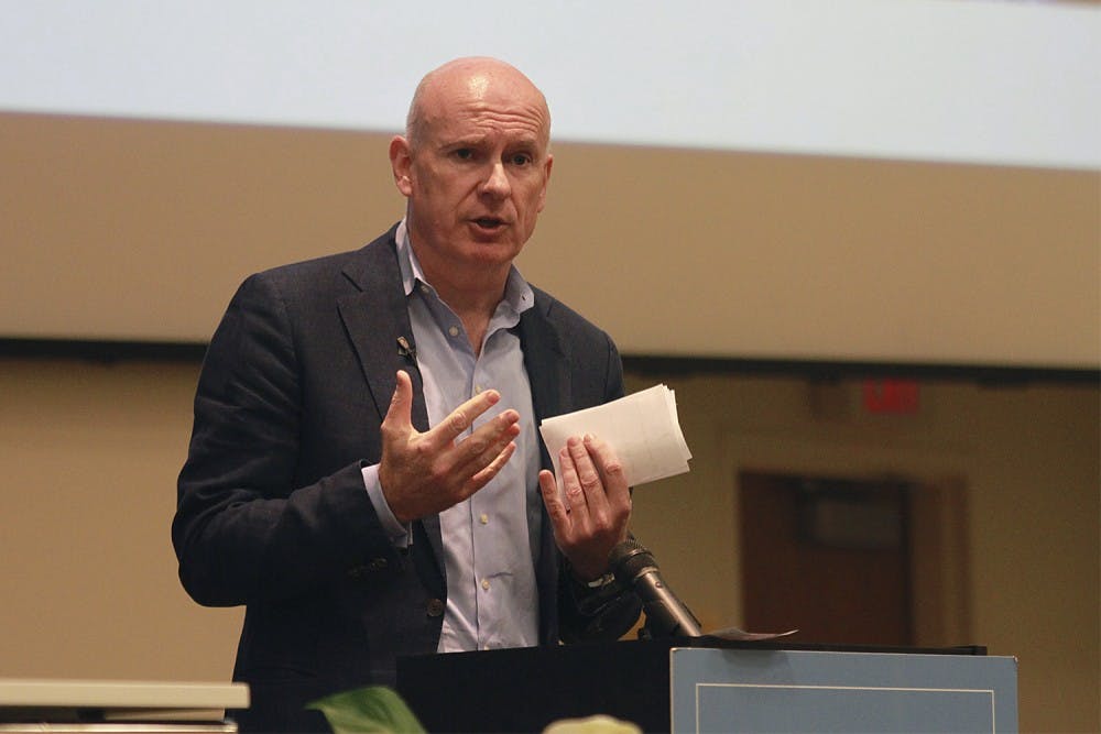 Gerard Baker, editor-in-chief of the Wall Street Journal, gives a moving speech on the importance of business journalism to current students as a part of the Nelson Benton Lecture Series. 