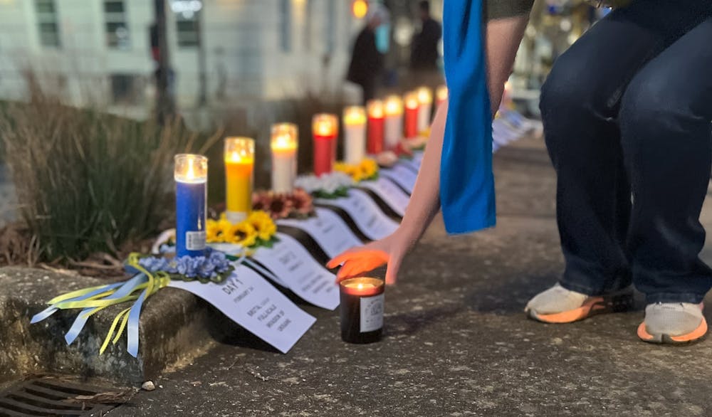 Candles are lit in front of the North Carolina State Capitol on Friday, Feb. 24, 2023, to recognize one year of Ukrainian resilience and to honor those affected by Russia's invasion of Ukraine in 2022.
Photo Courtesy of Eliza Benbow.