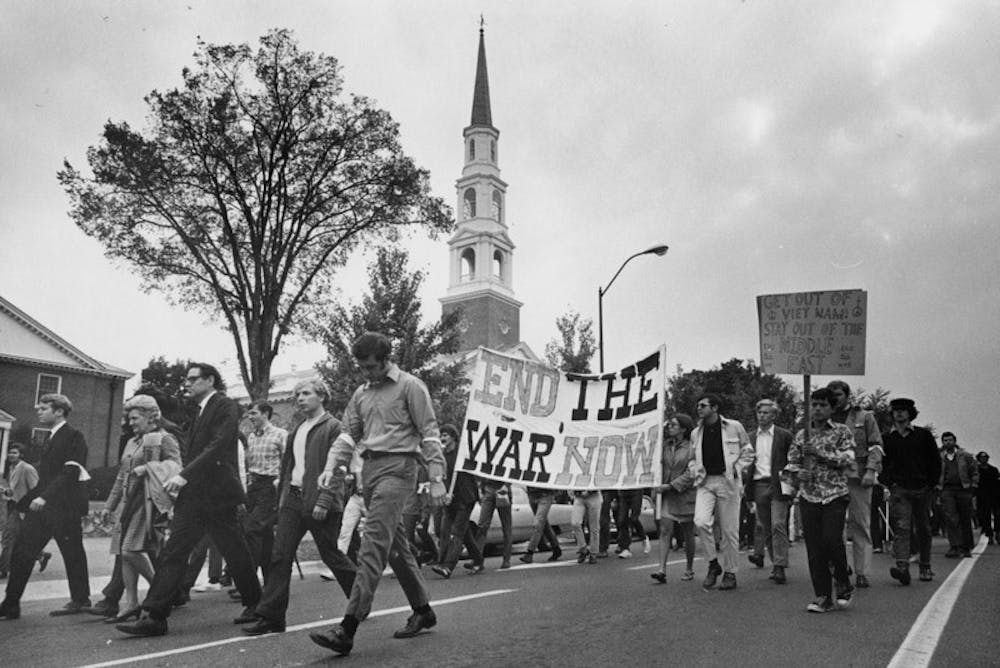 Activists participate in anti-war demonstrations on Franklin Street in October of 1969. Photo courtesy of Wilson Library Archives. 