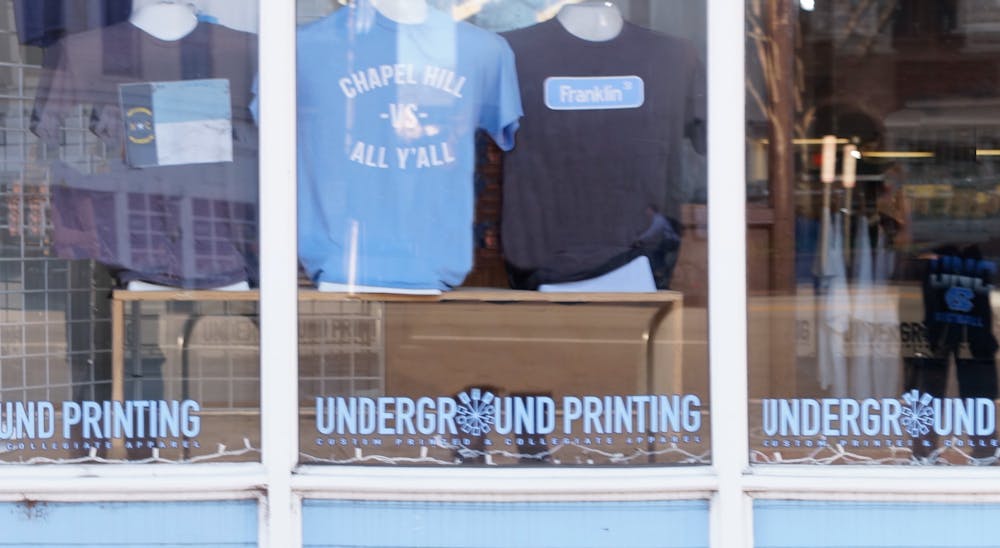 Underground printing, one of the UNC apparel and sportswear stores on Franklin Street, on Tuesday, Feb. 11, 2020.