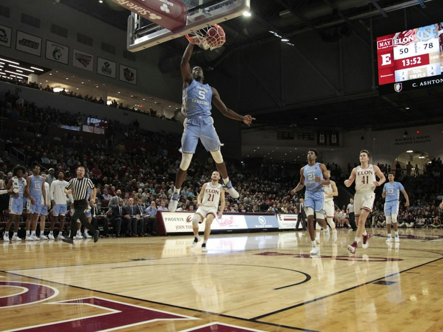 UNC first-year forward Nassir Little (5) dunks against Elon during the game on Friday, Nov. 9, 2018 at the Schar Center. 