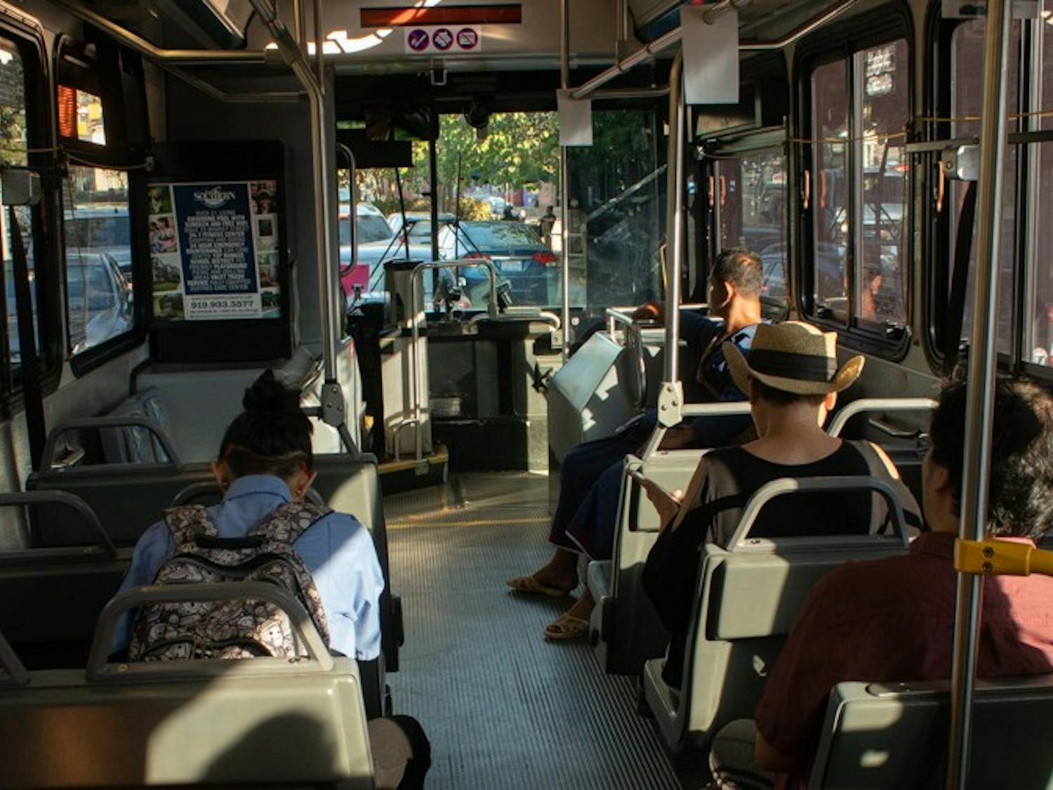 Passengers wait in traffic on the CW Bus during Public Transportation Week on Monday, Sept. 23, 2019. The city of Carrboro kicked off Public Transportation Week to encourage its citizens to learn the bus routes available to them.