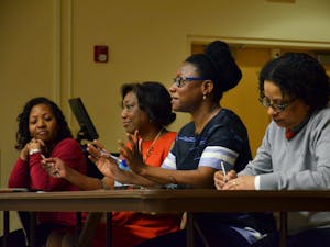 Moderator Kia Caldwell (African, African American, and Diaspora Studies, UNC-CH), along with panelists Pat Parker (Communication, UNC-CH), Keisha-Khan Perry (Africana Studies, Brown), and Sharon Holland (American Studies, UNC-CH) discuss Black Feminism at a colloquium on February 7, 2017.&nbsp;