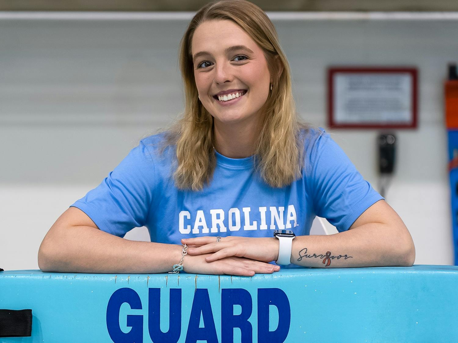 UNC redshirt senior diver Emily Grund, pictured in Koury Natatorium on Monday, Jan. 23, 2023, was declared cancer-free in February of 2022 and is returning to compete with the UNC Swimming & Diving team this season.