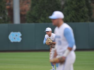(From left) Junior Mikey Madej and Sophomore Aaron Sabato play on Tuesday, Feb. 25, 2020 in Boshamer Stadium against NC A&T. UNC beat NC A&T 8-0.