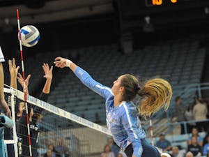 UNC outside hitter Parker Austin (23) spikes the ball at the game against Georgia Tech on Friday, Nov. 1, 2019 in the Carmichael Arena. UNC lost 2-3.